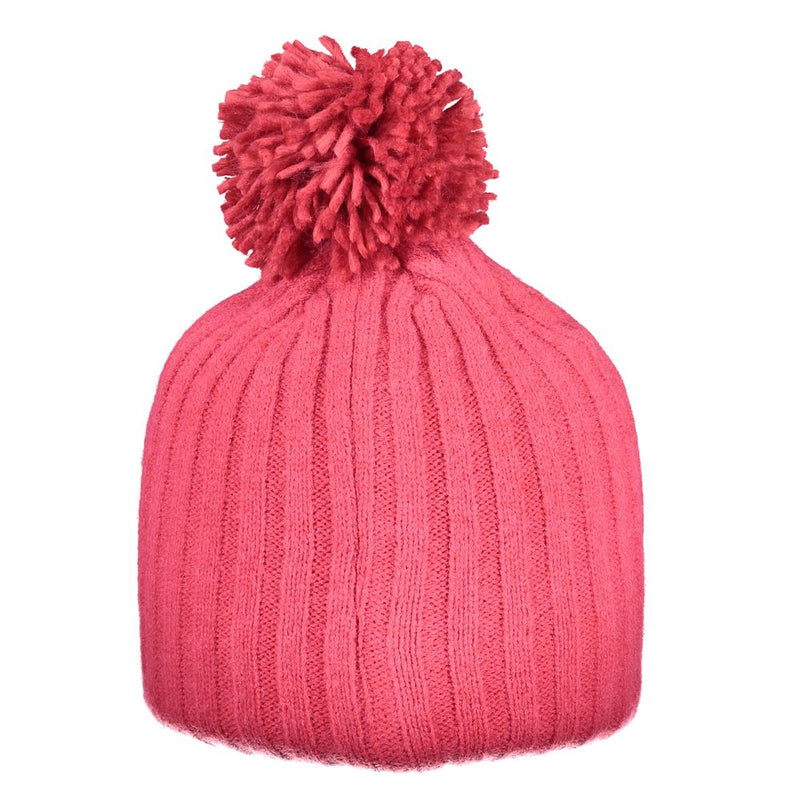 Pink ribbed knit acrylic winter beanie with a matching pom pom on top