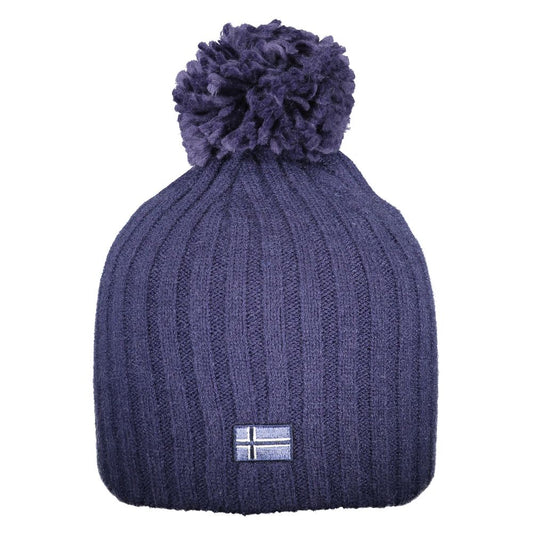 Blue ribbed acrylic knit winter beanie with a pom-pom and a small Norway flag patch