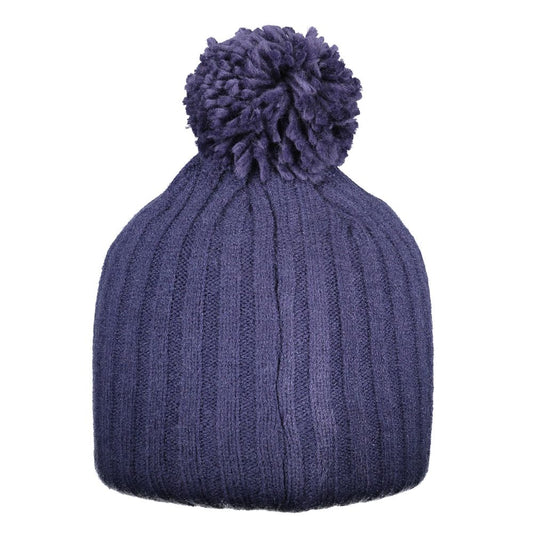 Blue ribbed acrylic knit cap with a matching pom-pom on top