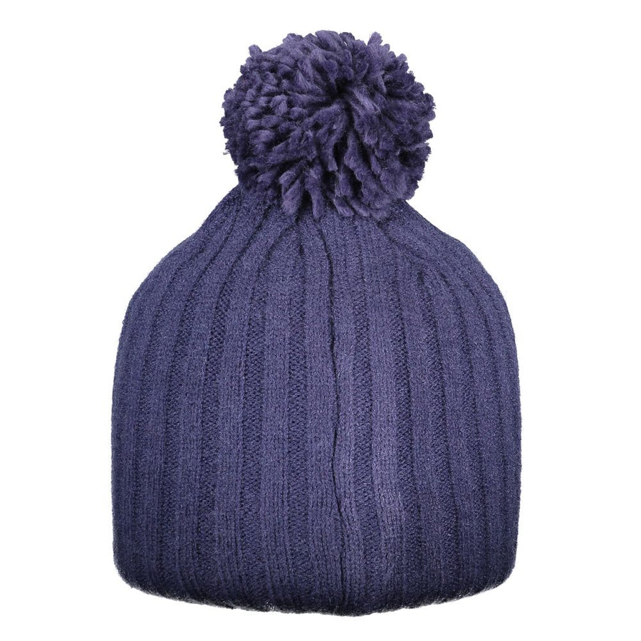 Blue ribbed acrylic knit winter beanie with a pom-pom and a small Norway flag patch