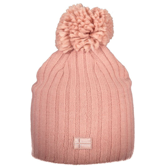 Pink ribbed knit acrylic beanie hat with a large pom pom on top and a small patch logo
