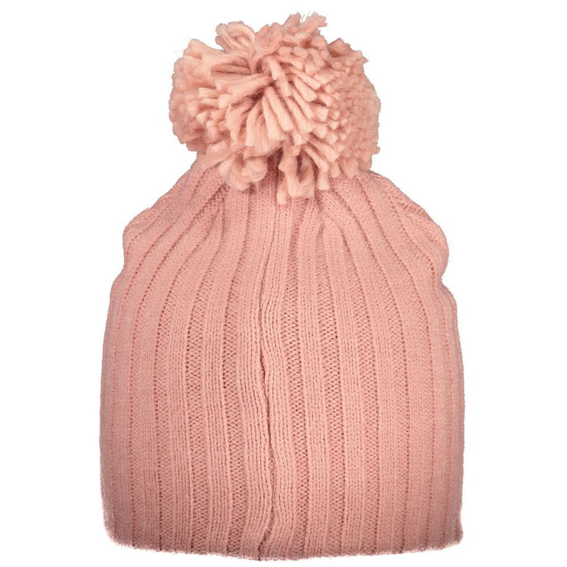 Pink ribbed acrylic knit winter hat with a matching pom-pom on top