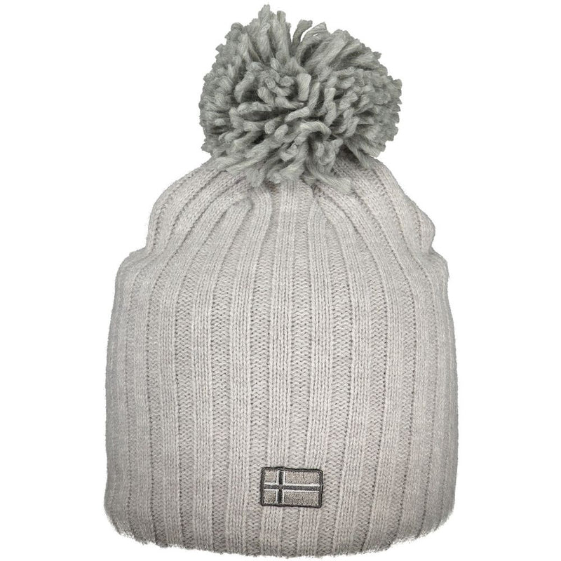 Gray ribbed knit acrylic women's pom pom hat with a small Norwegian flag patch