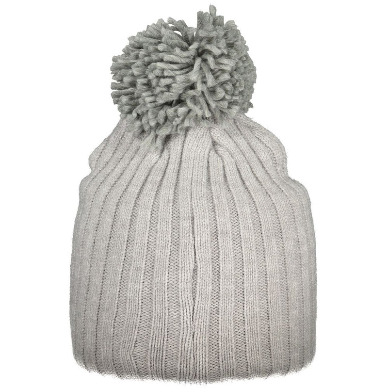 Gray acrylic ribbed knit beanie with a large matching pom-pom