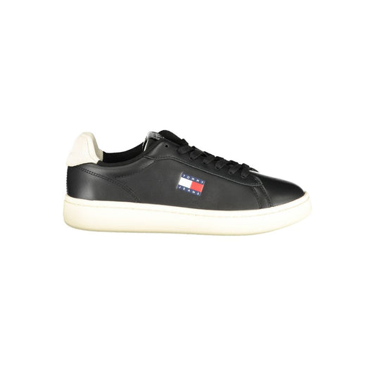 Tommy Hilfiger black polyurethane women's lace-up sneaker with white sole and logo patch on the side.