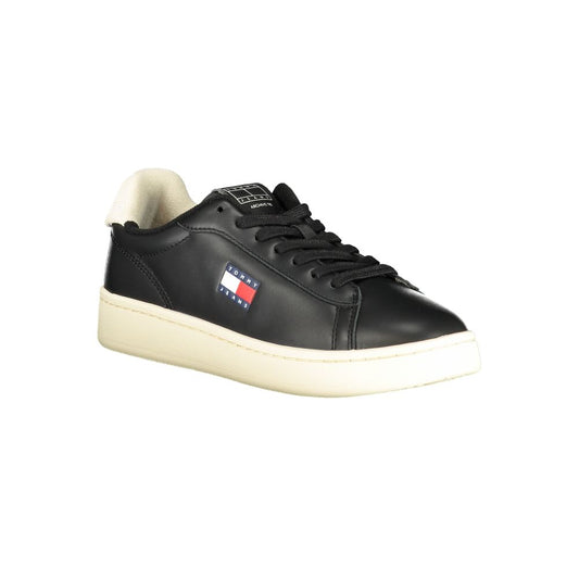 Tommy Hilfiger black polyurethane women's sneaker with a classic low-top court style and off-white sole.