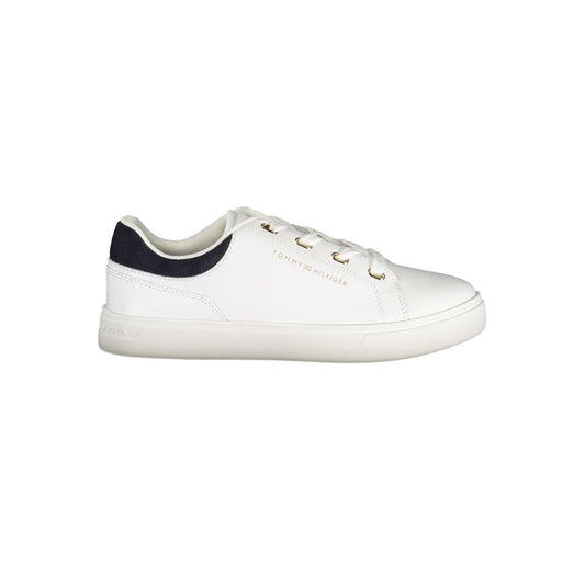 Tommy Hilfiger white polyurethane low-top women's sneaker with navy heel accent and gold eyelets.