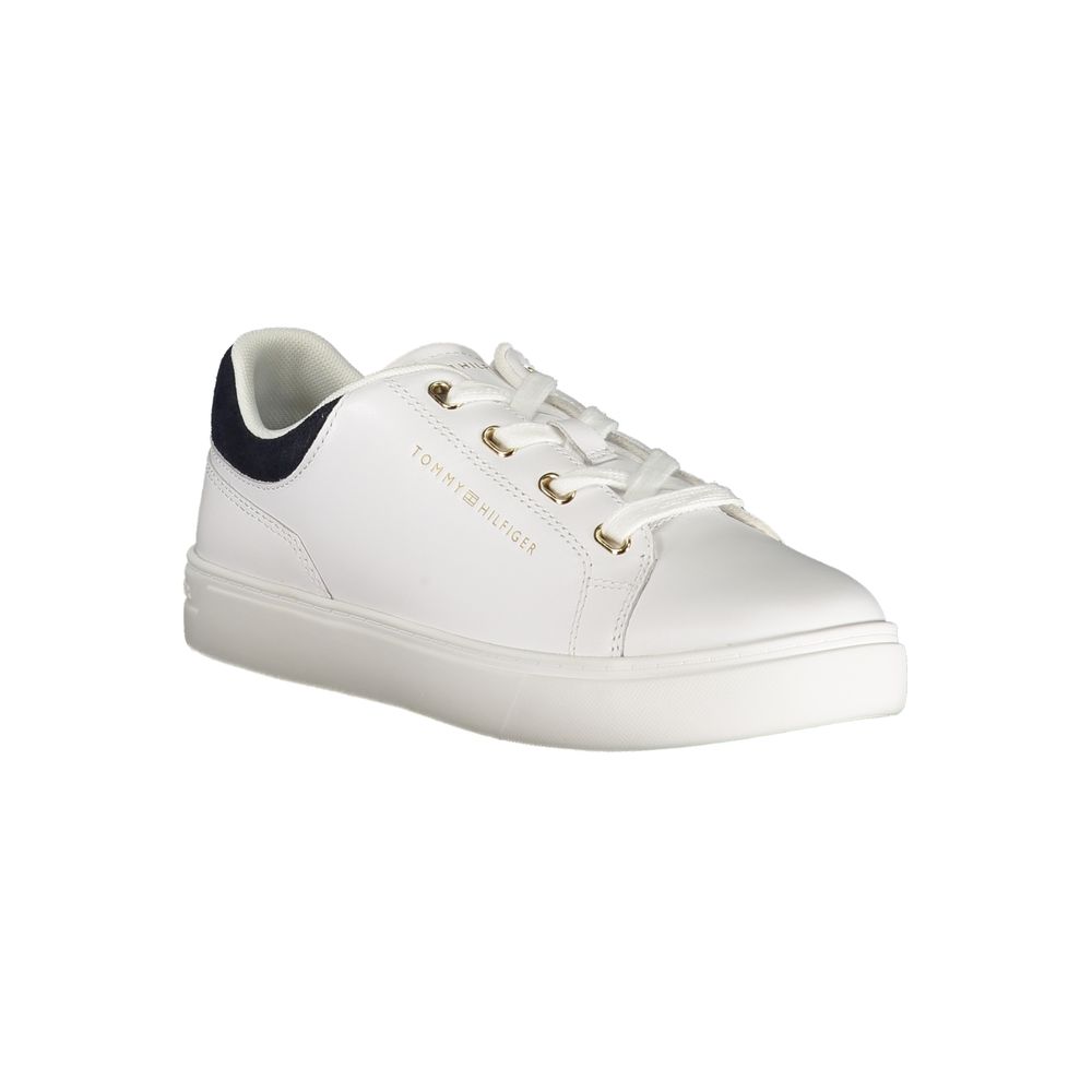 Tommy Hilfiger white polyurethane low-top women's sneaker with navy heel detail, gold eyelets, and gold branding.