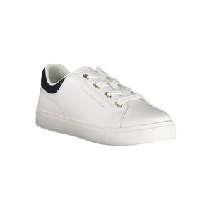 White Tommy Hilfiger polyurethane sneaker for women with gold eyelets and a navy blue heel tab.
