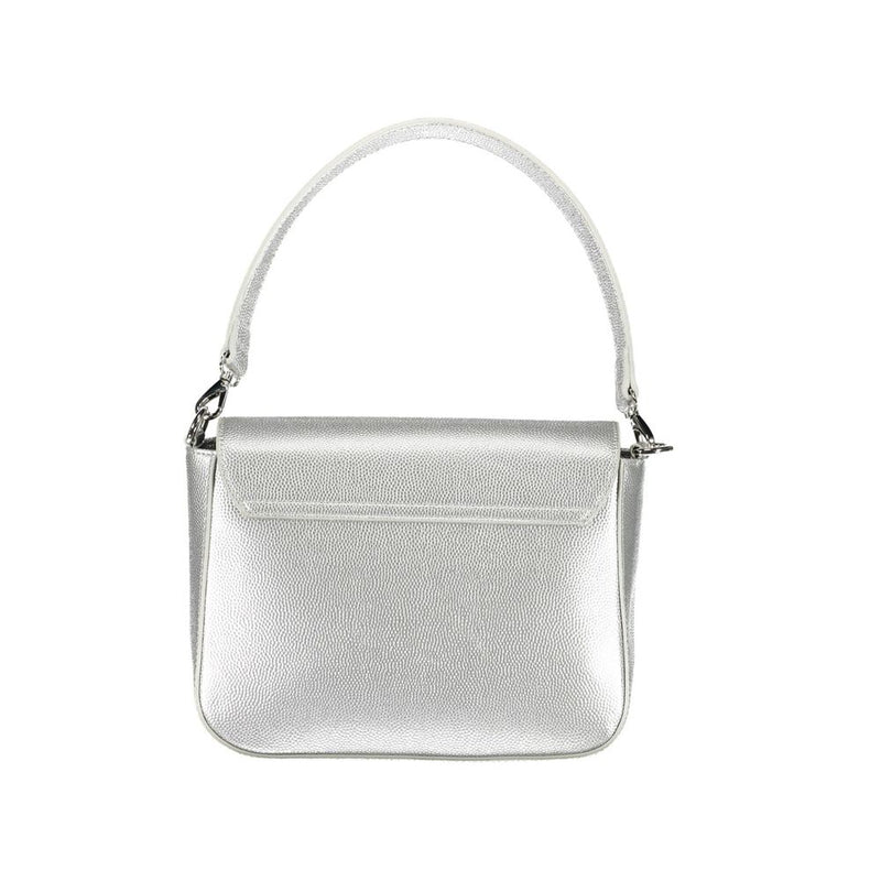 Silver metallic textured polyurethane handbag with a single strap
