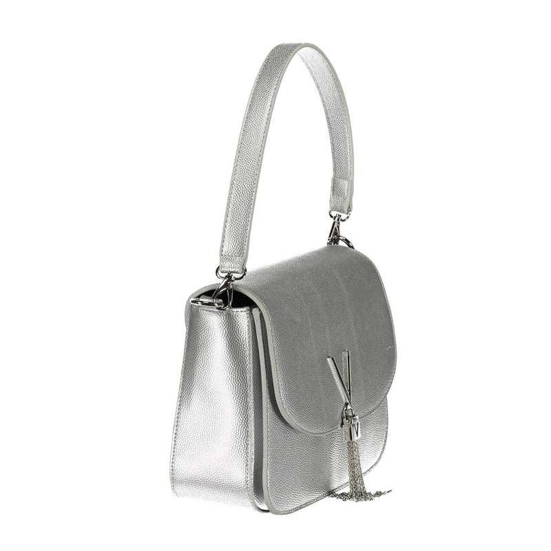 Silver metallic polyurethane shoulder bag with a top handle and front flap closure