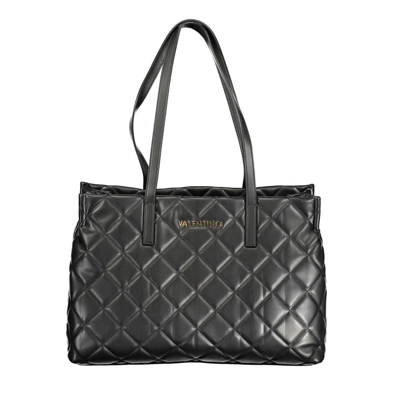 Black quilted polyurethane tote bag with shoulder straps and gold lettering