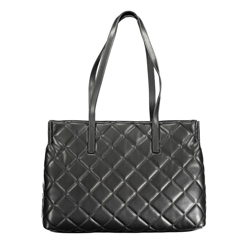Black quilted polyurethane tote bag with dual shoulder straps