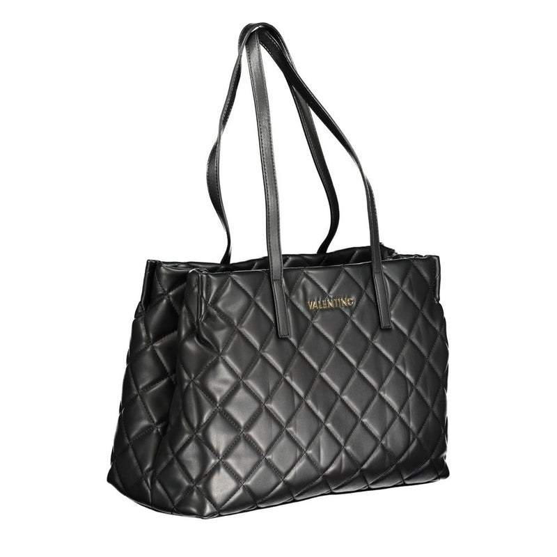 Black quilted polyurethane tote bag with twin shoulder handles and gold logo text