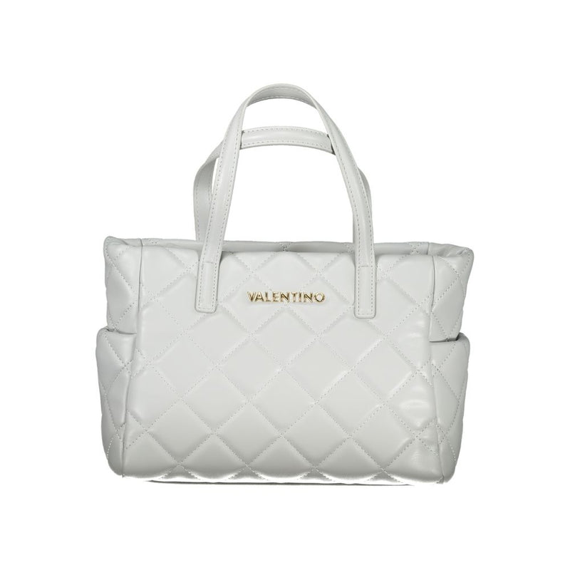 Gray polyurethane quilted tote bag with top handles and gold logo lettering