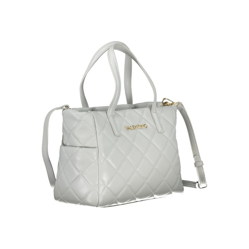 Gray polyurethane quilted women's handbag with dual handles and a shoulder strap