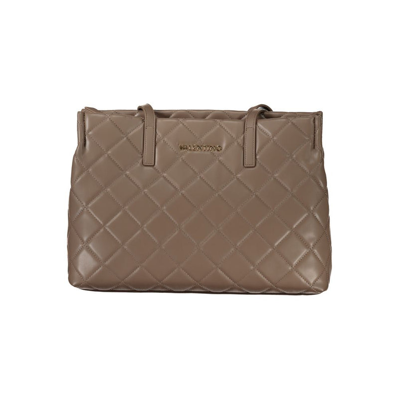 Brown quilted polyurethane tote bag with dual shoulder straps and gold logo lettering