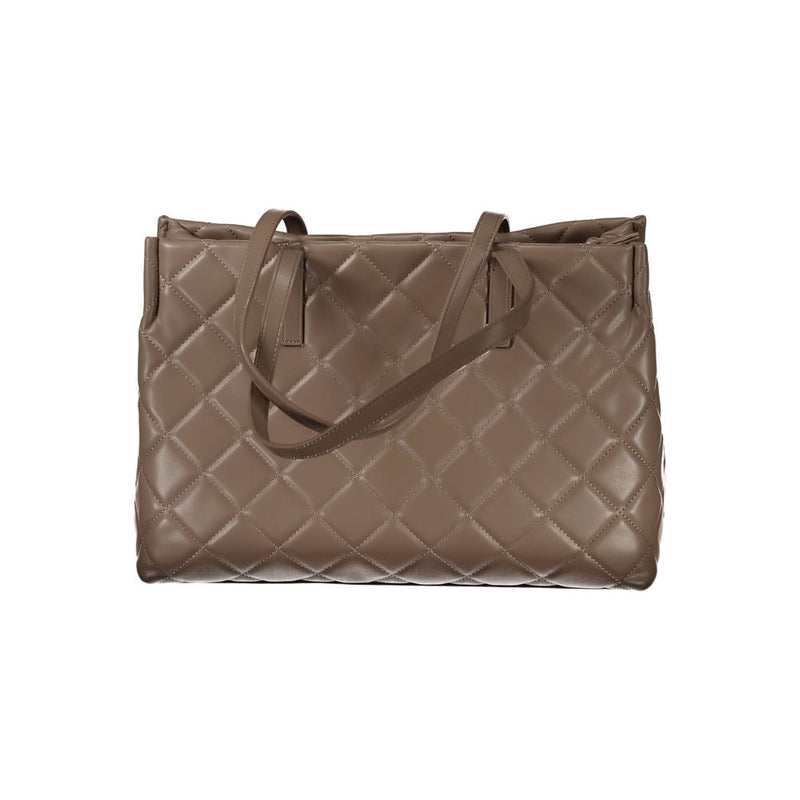 Brown quilted polyurethane tote bag with dual shoulder straps