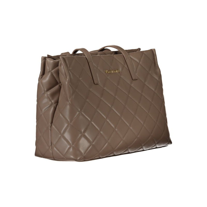 Brown polyurethane quilted tote bag with top handles