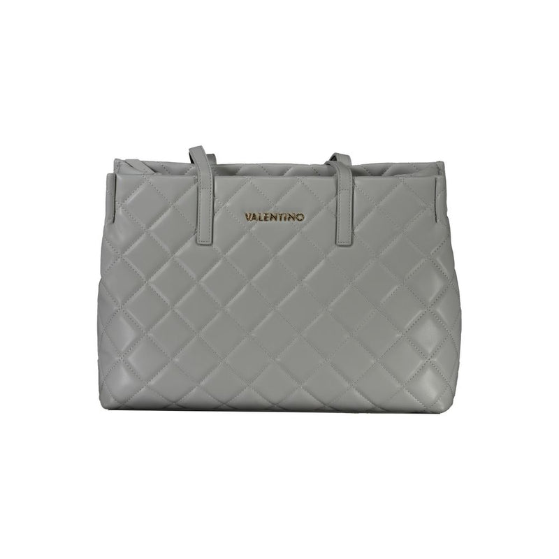 Gray quilted polyurethane tote bag with dual shoulder straps and gold lettering