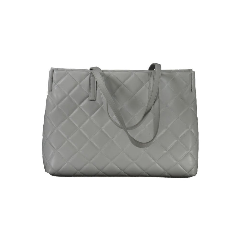 Gray polyurethane quilted tote bag with top handles
