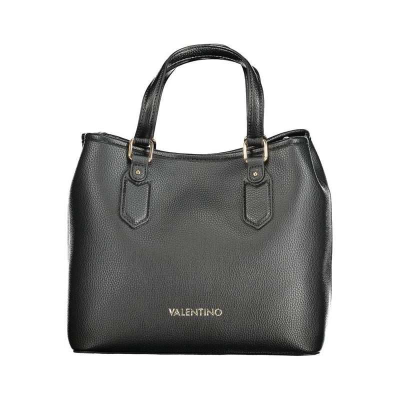 Black textured polyurethane tote bag with dual top handles and gold hardware branding