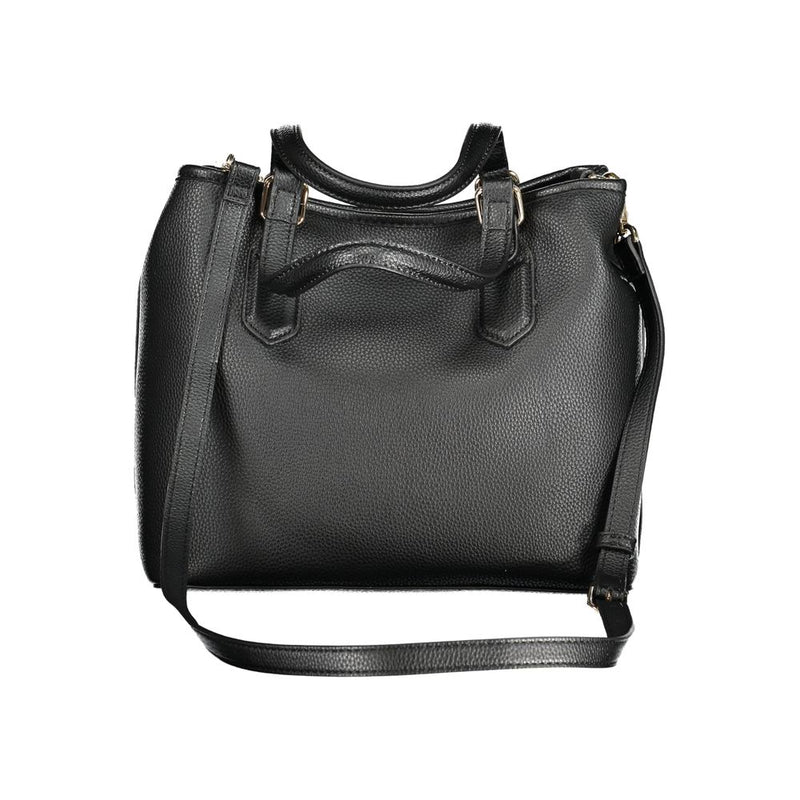 Black textured polyurethane tote bag with dual top handles and a shoulder strap