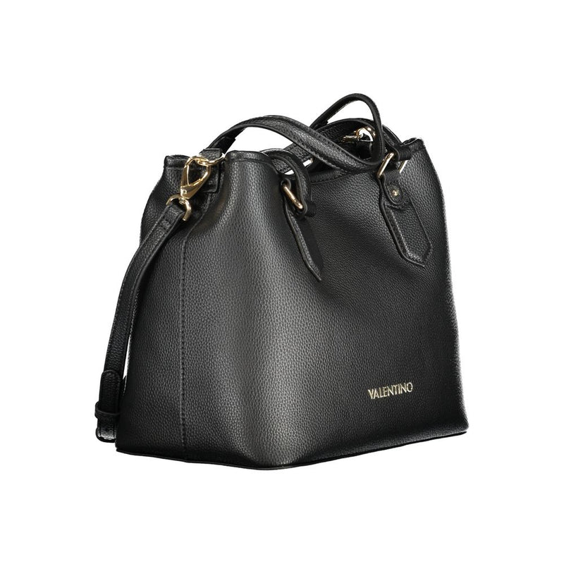 Black polyurethane textured women's handbag with top handles and shoulder strap