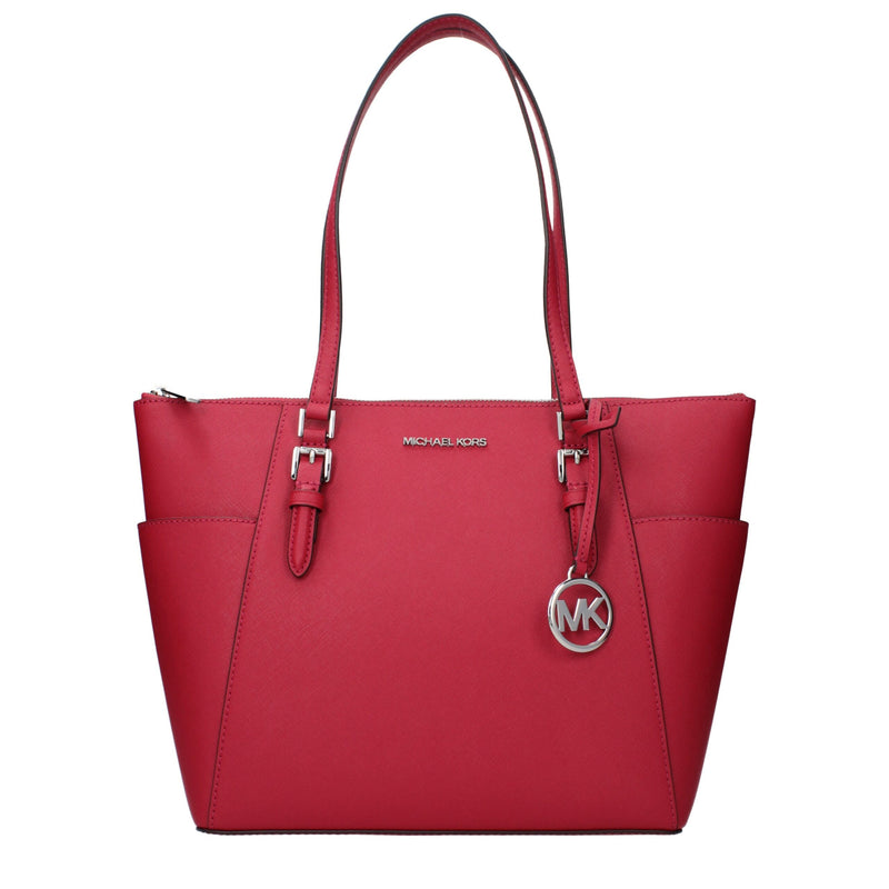 Bright red leather Michael Kors shoulder bag with silver hardware and hanging MK logo charm