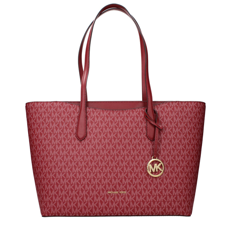 Red fabric Michael Kors monogram tote bag with double shoulder straps and gold MK charm