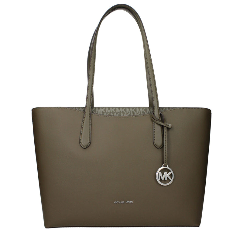 Olive green leather shoulder bag with double top handles and silver MK charm logo