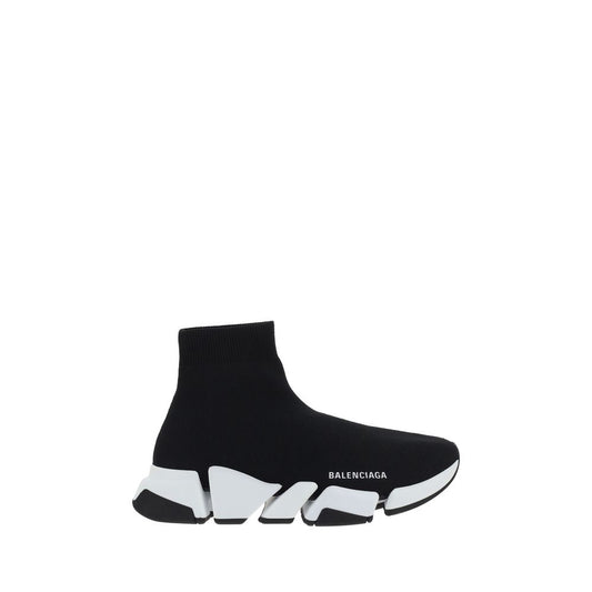 Balenciaga black polyester sock sneaker with ribbed cuff and chunky, segmented white and black architectural sole.