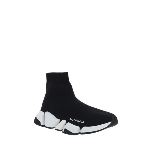 Black Balenciaga high-top knit athletic sneakers with a chunky white segmented sole and logo detail.