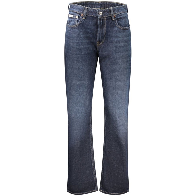 Dark blue cotton high-rise women's jeans with a faded wash
