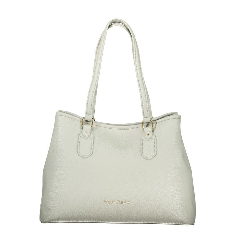 Light gray polyurethane women's tote bag with dual shoulder straps and gold hardware