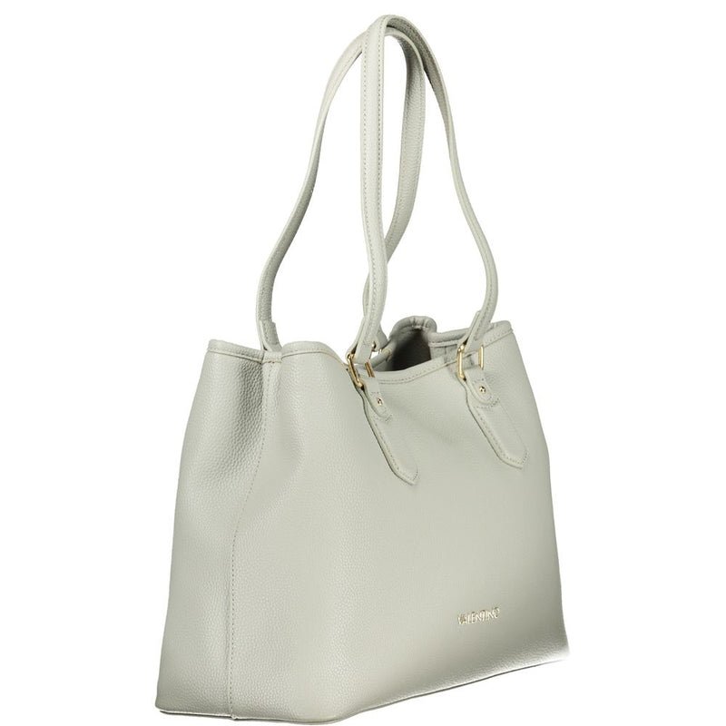 Gray polyurethane tote bag with twin shoulder straps and gold hardware against a white background