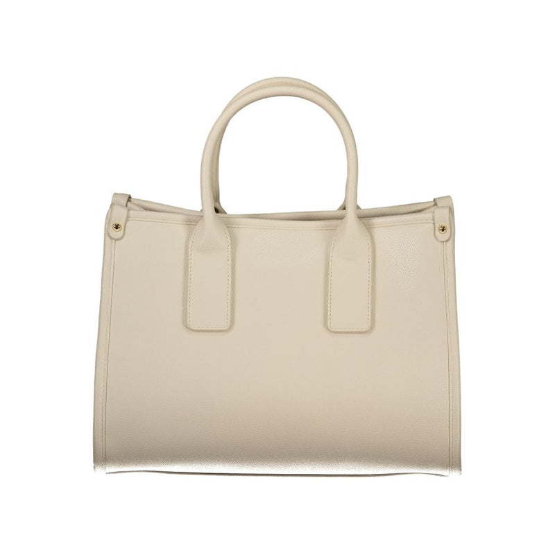 Beige polyurethane structured tote bag with dual top handles
