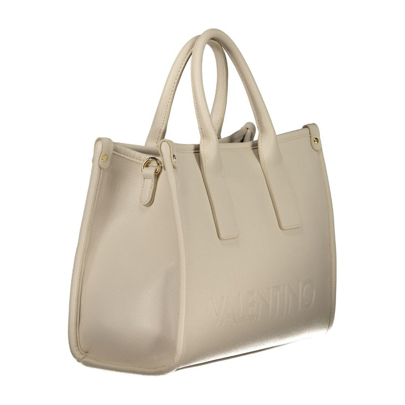 Beige polyurethane women's handbag with double top handles and embossed Valentino logo