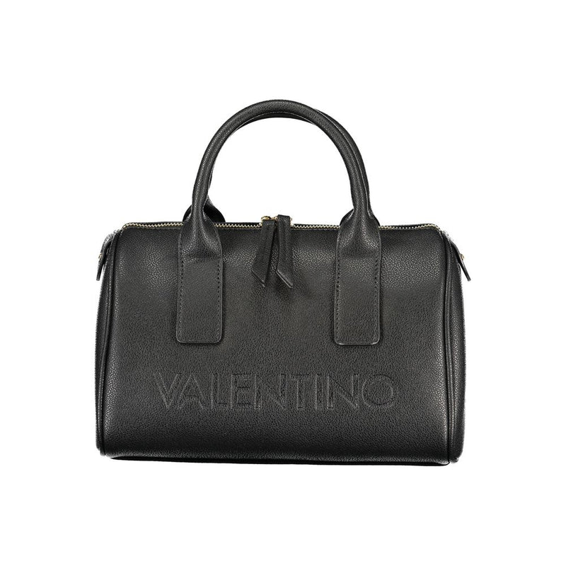 Black polyurethane structured handbag with dual top handles and embossed Valentino logo
