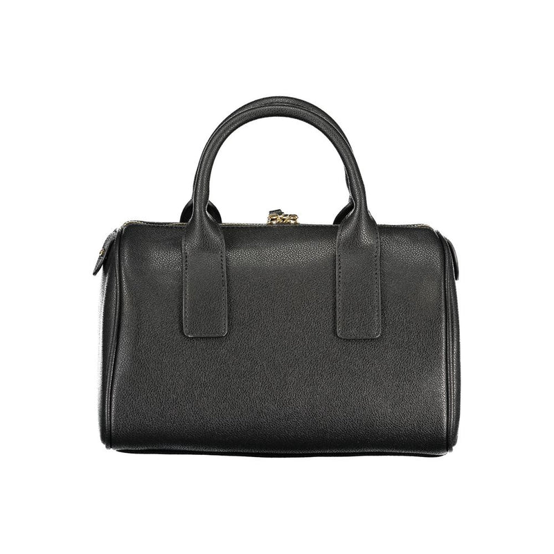 Black polyurethane structured women's handbag with dual top handles