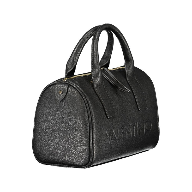 Black polyurethane structured handbag with dual top handles and gold-tone zipper
