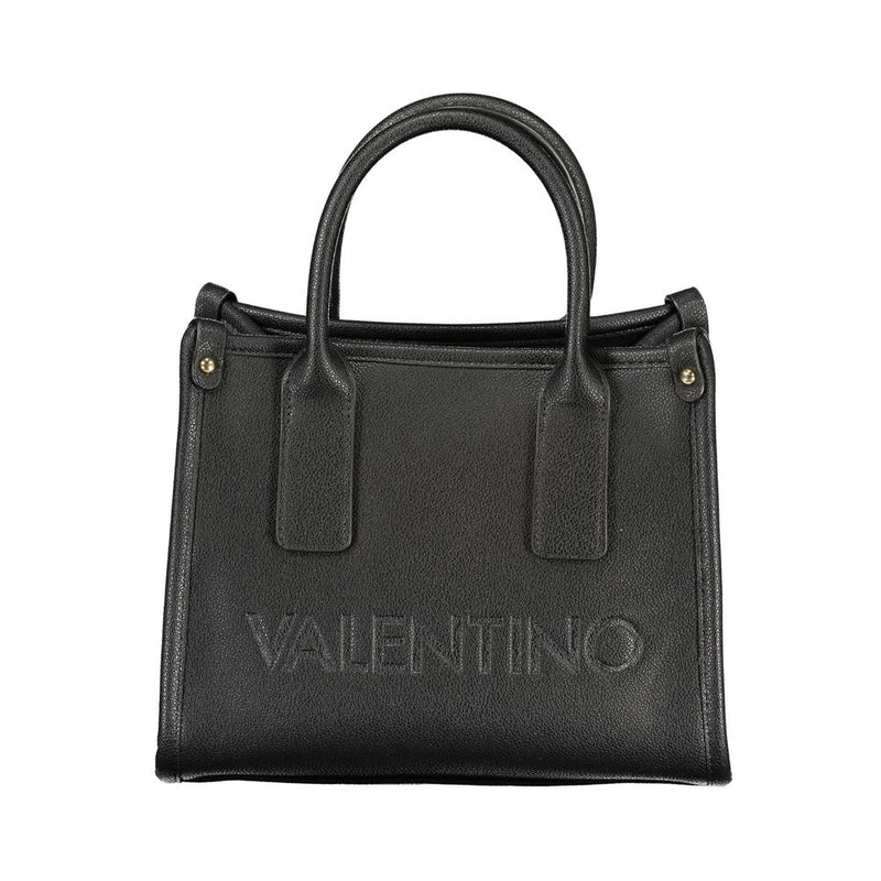 Black polyurethane structured tote bag with dual top handles and embossed Valentino logo