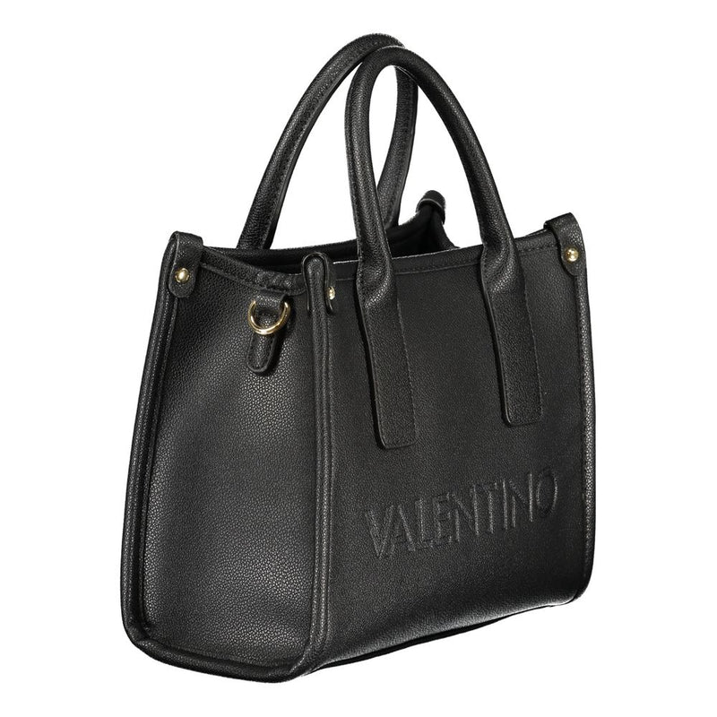 Black polyurethane structured tote bag with dual top handles and embossed Valentino logo