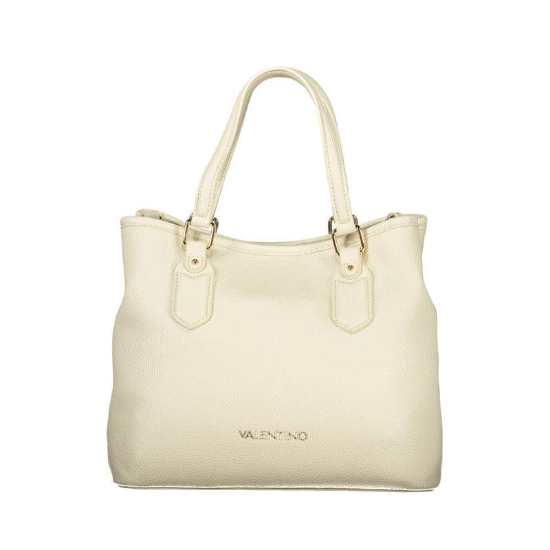 Beige polyurethane women's tote bag with dual shoulder straps and gold-tone hardware