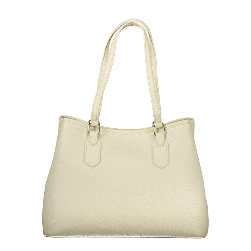 Beige polyurethane women's tote bag with dual shoulder straps and gold hardware