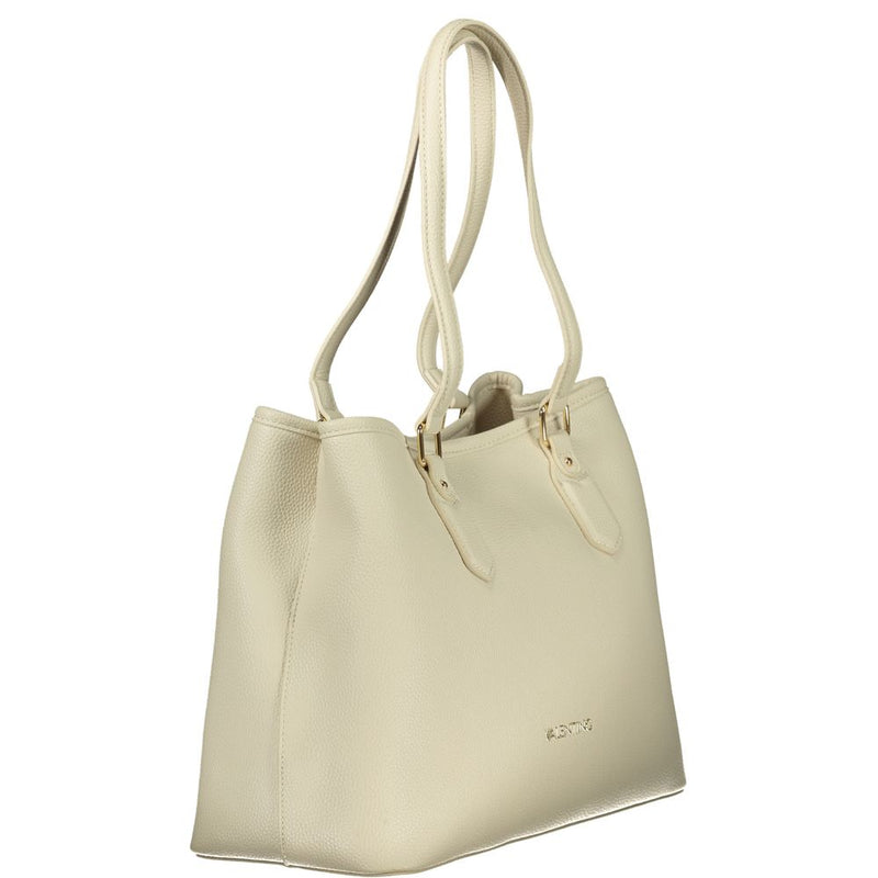Beige polyurethane women's shoulder bag with dual handles and gold-tone hardware