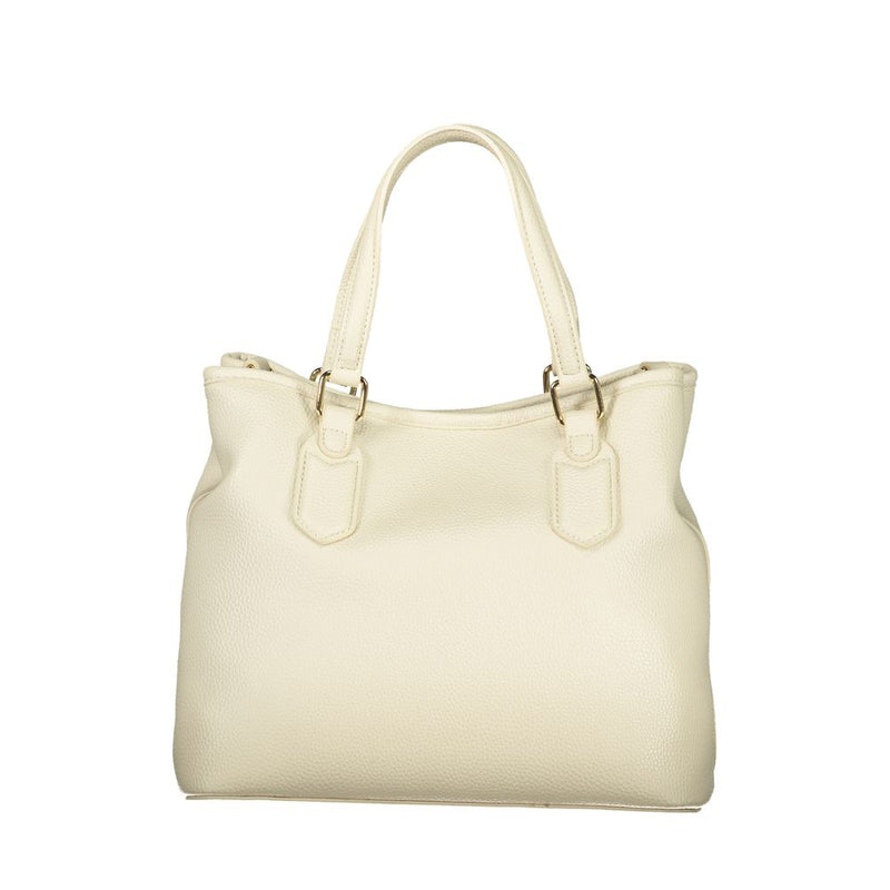 Beige polyurethane women's handbag with structured top handles and pebbled texture