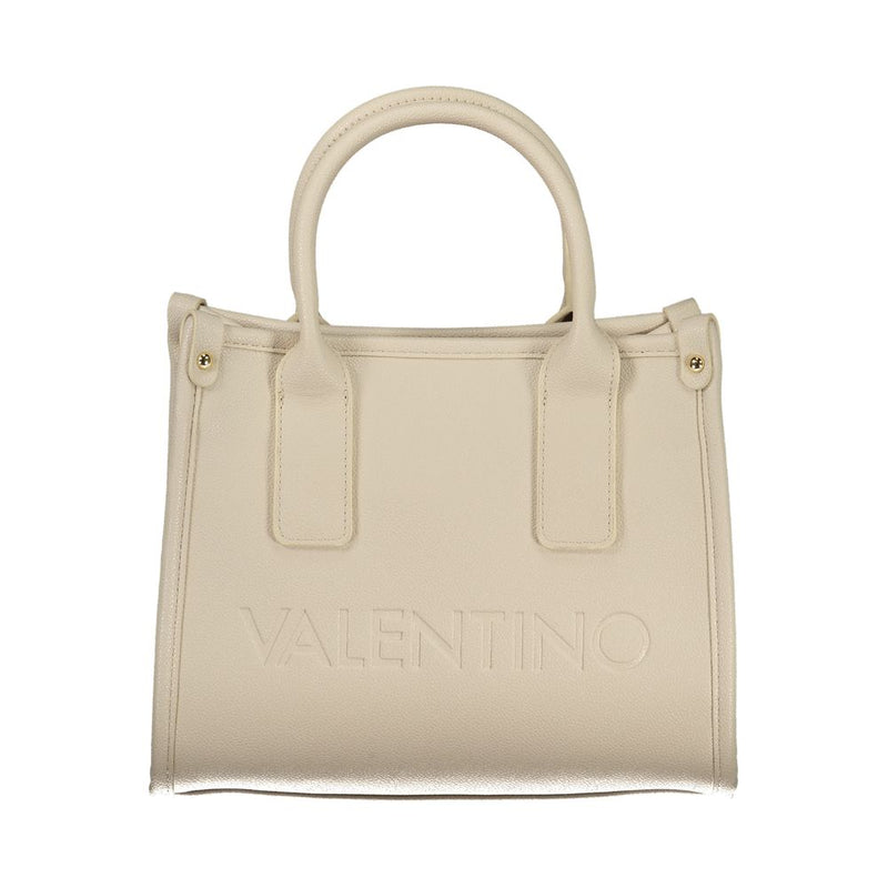 Beige polyurethane structured tote bag with top handles and embossed Valentino logo
