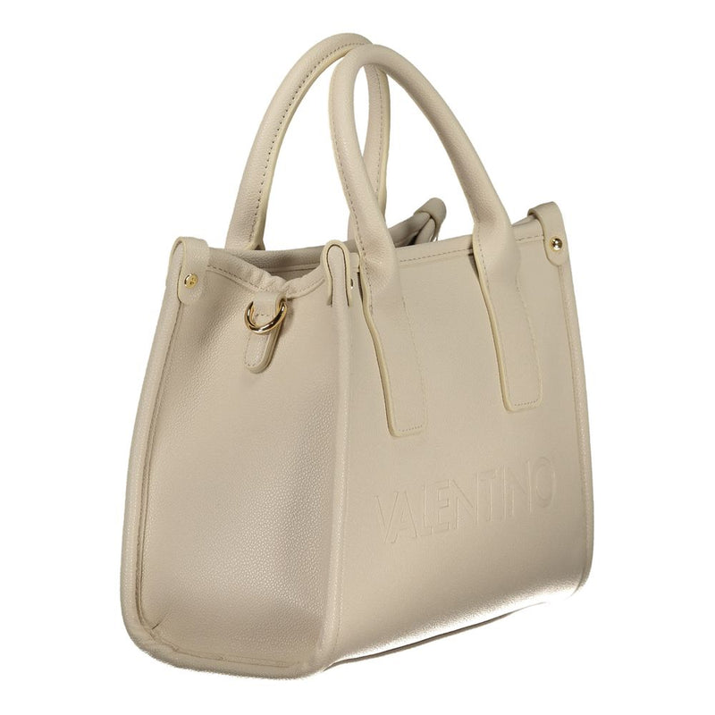 Beige polyurethane women's tote bag with dual top handles and debossed logo branding