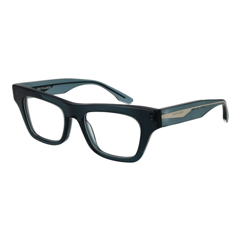 Trussardi dark blue acetate eyeglass frames with chunky rectangular lenses and metallic temple branding
